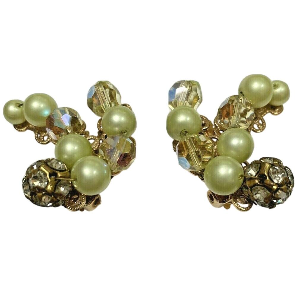 Vintage Mid Century Clip On Earrings Lemon Yellow Pearl Bead Crystal Rhinestones